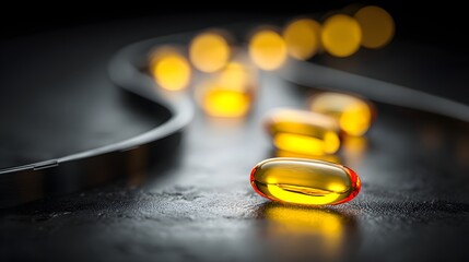 Medicine capsules moving on a conveyor in a high-tech pharma facility with precise detail and sleek design.