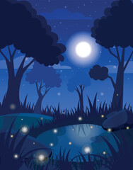 Magical Night Forest with Fireflies and Moonlit Pond