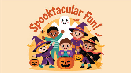 Fototapeta premium Spooktacular Halloween Fun Children Dressed in Costumes with a Ghost and JackOLanterns