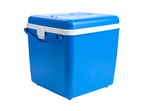 Handheld blue refrigerator isolated over white background. cooler