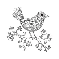 Ornate Bird Design on Branch, Perfect for Coloring Books