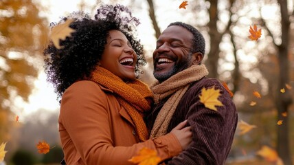 Romantic autumn moment with a diverse couple embracing on a tree-lined path surrounded by falling golden leaves