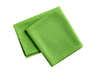 Green kitchen towel isolated. Food decor. Crumpled dish cloth. Textile napkin.