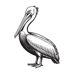 Detailed Black and White Line Art Illustration of a Pelican