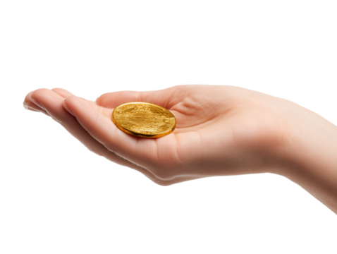 A detailed view presents a human hand delicately cradling a glistening, golden coin