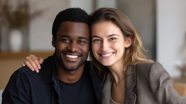 Joyful diverse couple embracing at home in gentle light