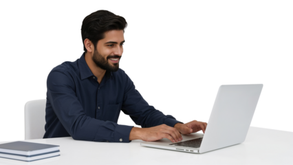 Smiling young professional using laptop at his desk against an isolated transparent backdrop with