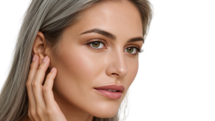 Elegant portrait of a woman with ash blonde hair and flawless skin on transparent background