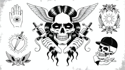 Fototapeta premium Tattoo Flash Sheet Skulls, Wings, Roses, Eye in Hand, Sword in Heart, Tattoo Machines