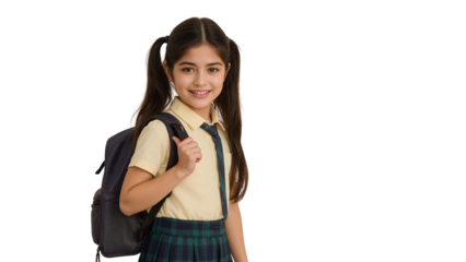 Charming schoolgirl in uniform with backpack ready for a new day of learning and isolated