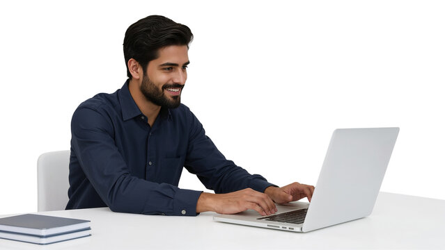 Smiling young professional using laptop at his desk against an isolated transparent backdrop with