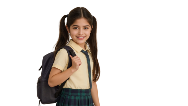 Charming schoolgirl in uniform with backpack ready for a new day of learning and isolated