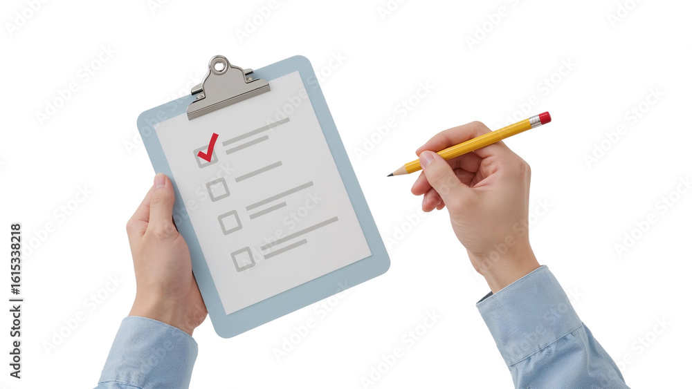Poster hands holding a clipboard with a checklist and pencil on an isolated transparent backdrop