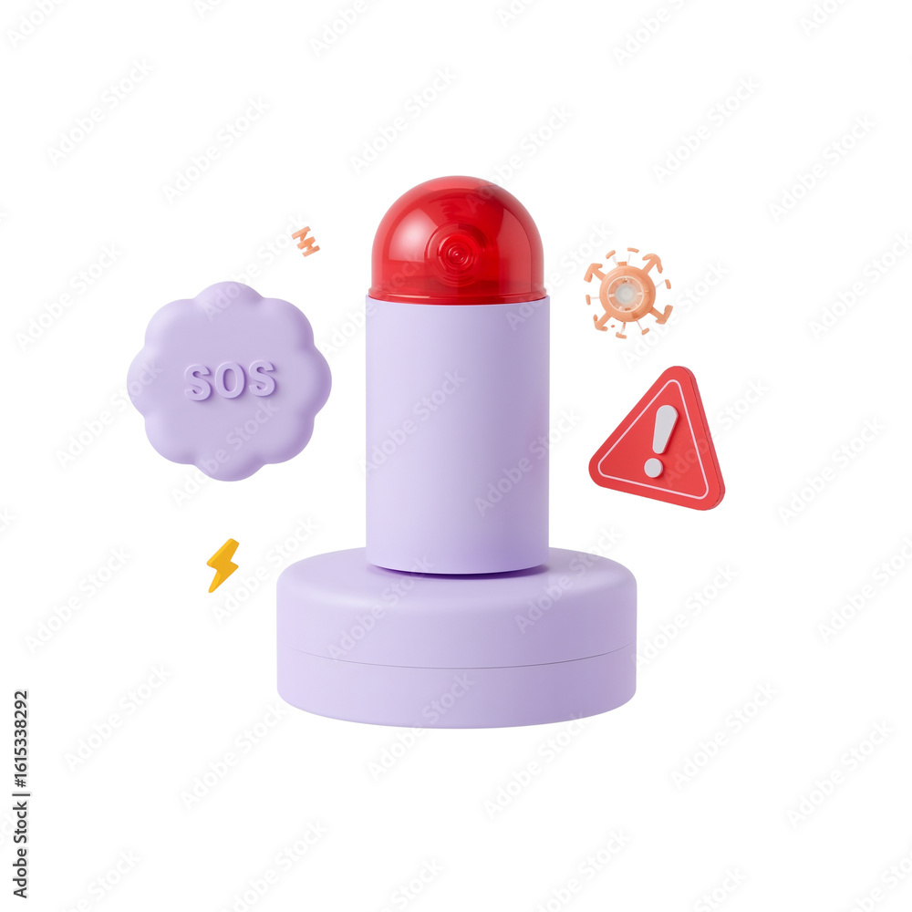 Poster stylized render of a red and purple object surrounded by warning symbols and icons isolated
