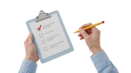 Hands holding a clipboard with a checklist and pencil on an isolated transparent backdrop