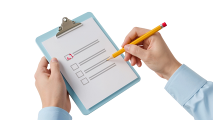 Hand carefully marking a checklist with a pencil on a clipboard, isolated composition, focusing on
