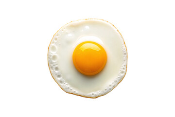 Round fried egg with intact orange yolk surrounded by set white protein, isolated on a transparent background