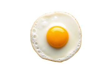 Round fried egg with intact orange yolk surrounded by set white protein, isolated on a transparent background