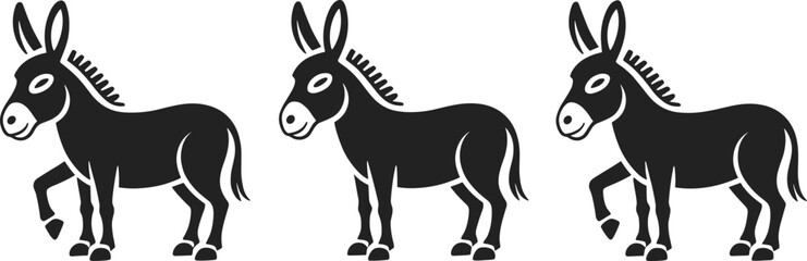 Three black donkeys walking in a row animal mammal