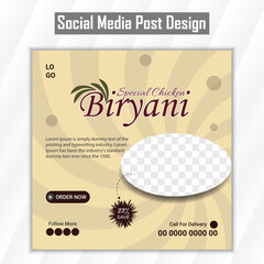 Modern and elegant biryani food social media post design template. Spicy biryani food social media post template.