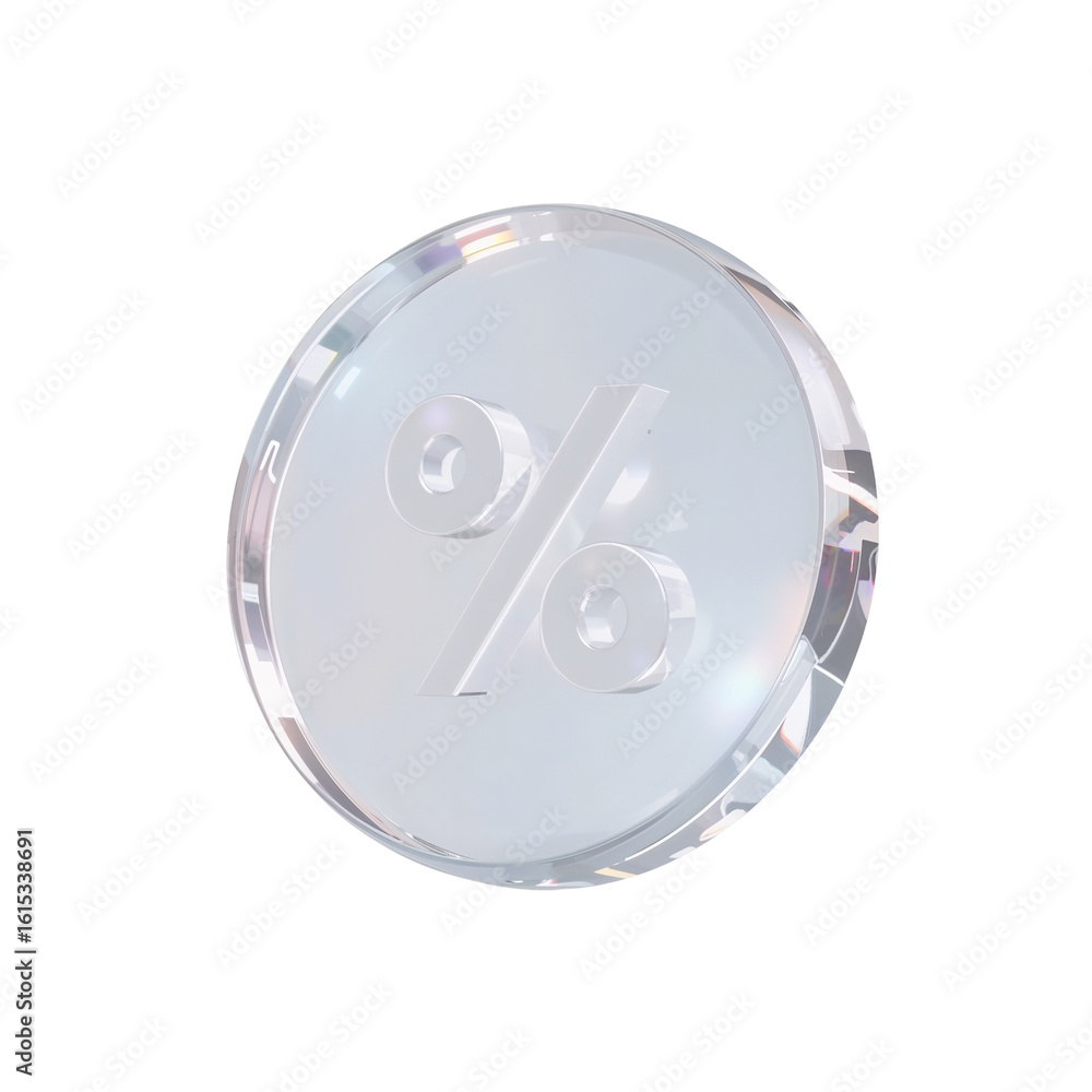 Poster transparent percentage symbol coin, gleaming with subtle reflections, floating in an ethereal