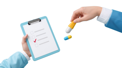 Medical professional checks medication checklist with isolated transparent background showing