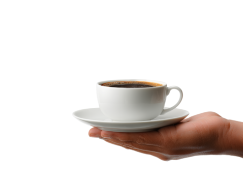 A close-up shot of a hand cradling a pristine white ceramic coffee cup and saucer, filled with rich, dark coffee
