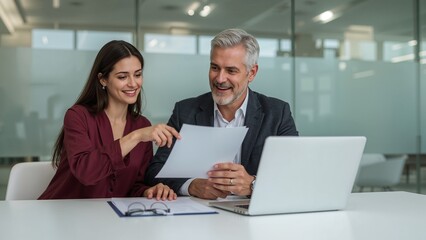 Two colleagues collaborating on a project, reviewing documents and discussing ideas using a laptop