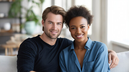 Happy diverse couple in bright living room with sunlight