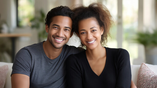 A diverse couple smiling in a bright living room