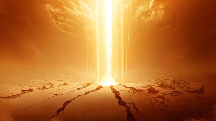 Golden, powerful energy erupts from a cracked earth, illuminating a dramatic sky