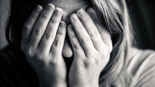 Monochrome scared woman covering face concept. A person expressing deep emotions while covering their face.