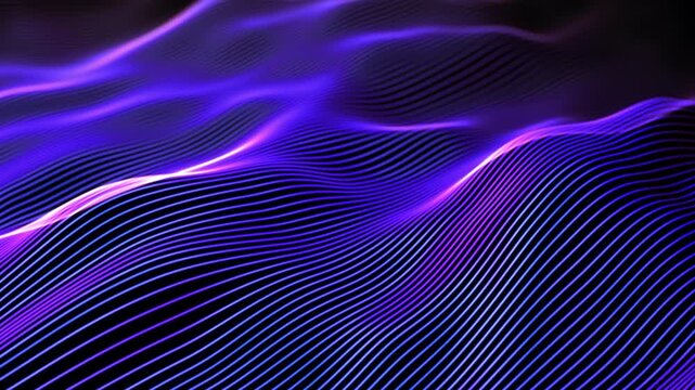 Smooth wave motion of bright ultraviolet digital surface. Abstract concept of artificial intelligence (AI), big data or digital sound. Sound waves in virtual space, black background, looped 4K video