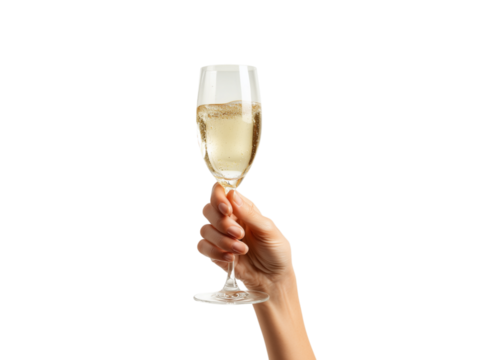 An elegant hand holds a glass of champagne, the effervescence hinting at a joyous moment