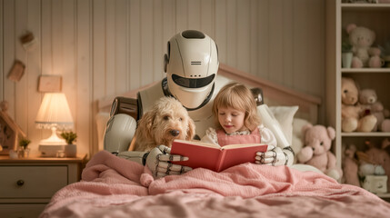 A humanoid robot with AI gently reading a bedtime story to a young girl, holding a teddy bear, in a cozy bedroom surrounded by soft lighting and stuffed animals. Concept of bedtime care for children