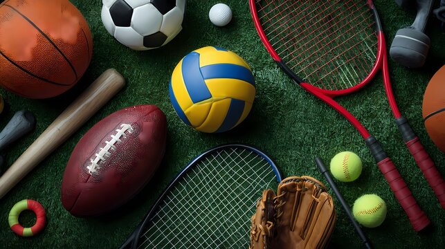 Assorted sports equipment arranged on a vibrant green grass surface