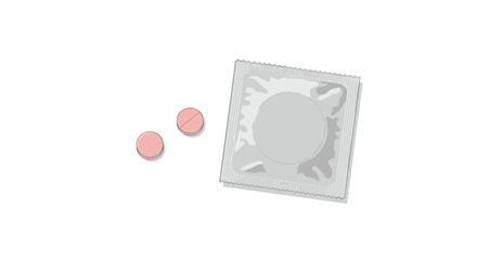 Pills and condom in packaging on white background  