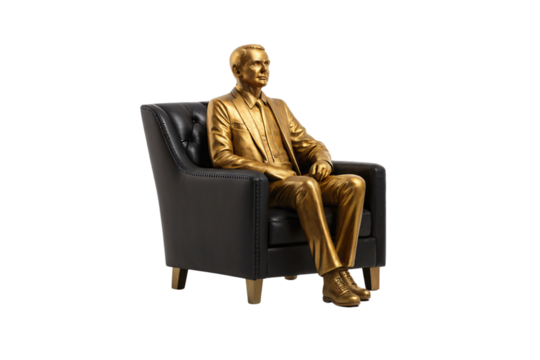 Professional golden statue of suited man sitting upright in tufted black leather chair, isolated on a transparent background
