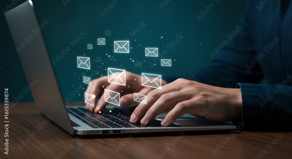 Fototapete person using laptop computer with email icons floating above keyboard, digital communication and onl