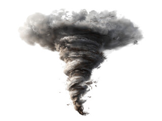 A dramatic, swirling tornado is shown, featuring a funnel-shaped vortex of dark clouds that descends towards the ground. 