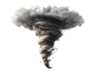 A dramatic, swirling tornado is shown, featuring a funnel-shaped vortex of dark clouds that descends towards the ground. 