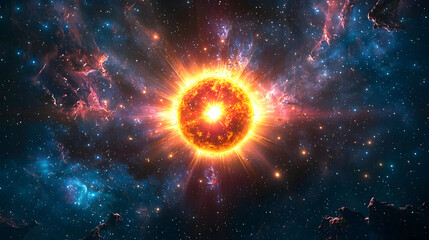 Cosmic stellar explosion in a nebula filled with stars.  Fiery ball of energy dominates the space scene