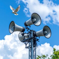 Outdoor speakers against a partly cloudy sky