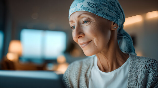 Cancer patient at home using tablet with wide visualization of continuous support between doctor appointments,