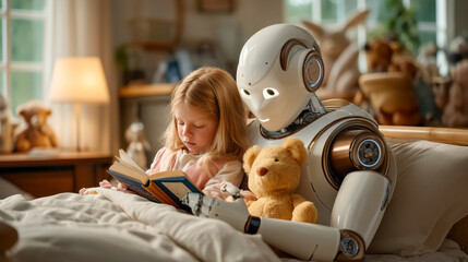 A humanoid robot with AI gently reading a bedtime story to a young girl, holding a teddy bear, in a cozy bedroom surrounded by soft lighting and stuffed animals. Concept of bedtime care for children