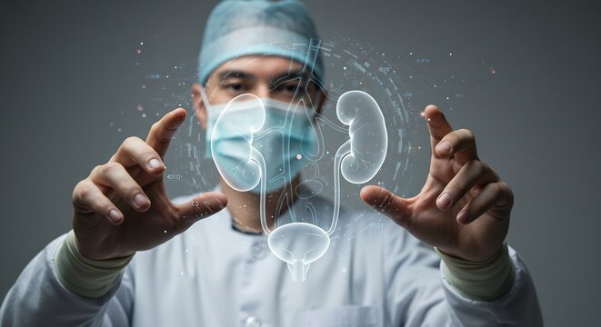 Male Surgeon Using Futuristic Holographic Interface to Examine 3D Model of Human Urinary System, Kidneys, and Bladder