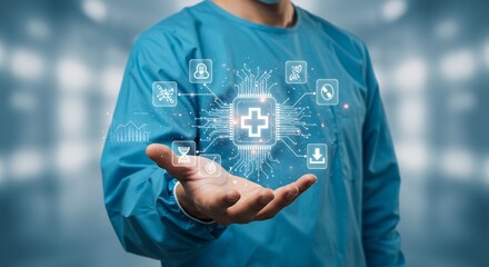 Doctor Holding Futuristic Medical Technology Hologram with Health Data and DNA Symbols