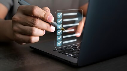 Business performance checklist, businessman doing online checklist survey, filling out digital form checklist, take an assessment, questionnaire, evaluation, online survey, online exam.