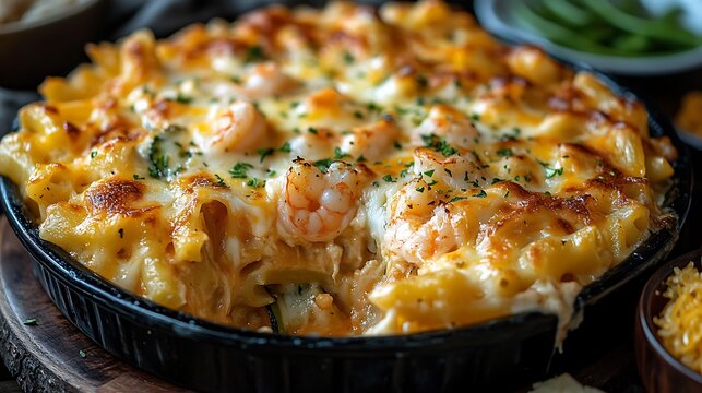 Cheesy pasta bake with shrimp and vegetables.