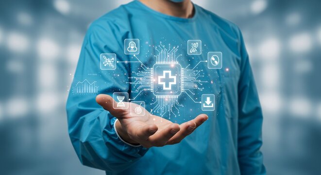 Doctor Holding Futuristic Medical Technology Hologram with Health Data and DNA Symbols